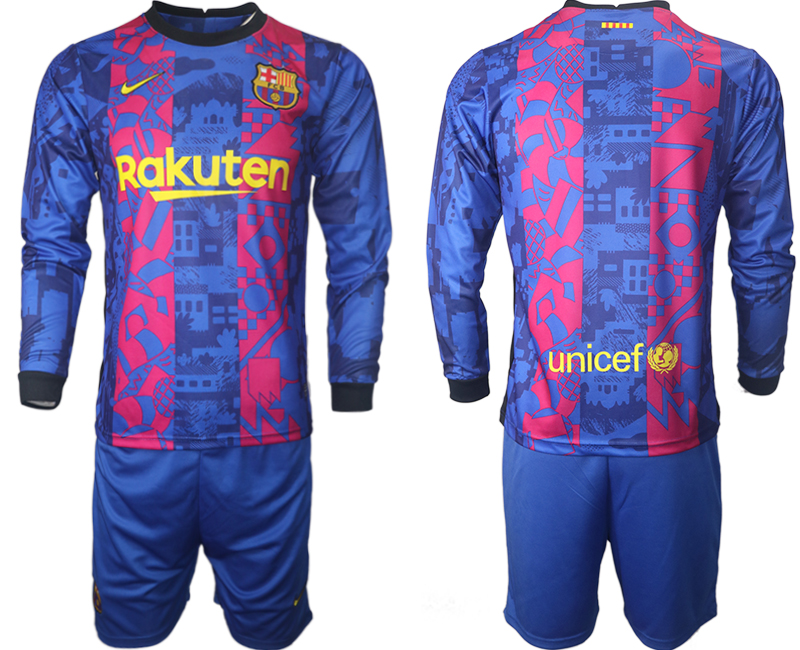 Men 2021-2022 Club Barcelona Second away blue Long Sleeve blank Soccer Jersey